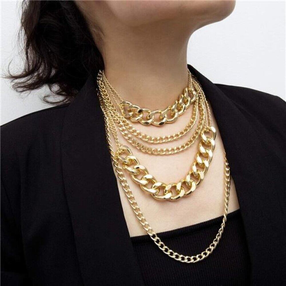 Chunky Gold Layered Chain Necklace Multilayer Punk 80s Hip Hop Statement Jewelry